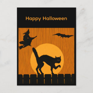 Vintage Halloween Black Cat, Witch Moon Silhouette Postcard