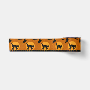 Vintage Halloween Black Cat, Witch Moon Silhouette Satin Ribbon