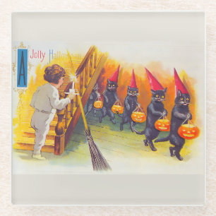 Vintage Halloween Black Cats Glass Coaster