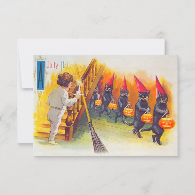 Vintage Halloween Black Cats RSVP Card (Front)