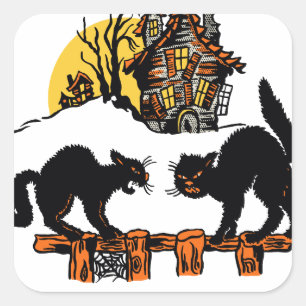 Vintage Halloween Black Cats Trick or Treat Square Sticker