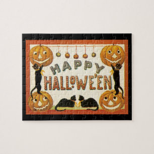 Vintage Halloween, Black Cats with Jackolanterns Jigsaw Puzzle