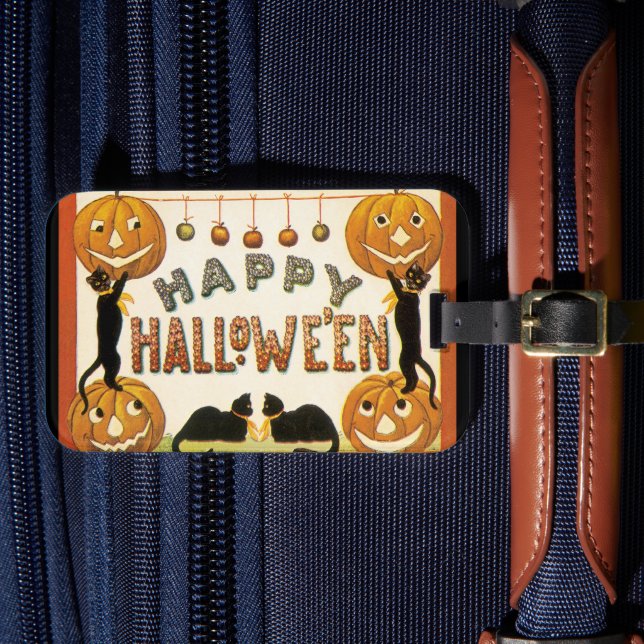 Vintage Halloween, Black Cats with Jackolanterns Luggage Tag (Front Insitu 4)