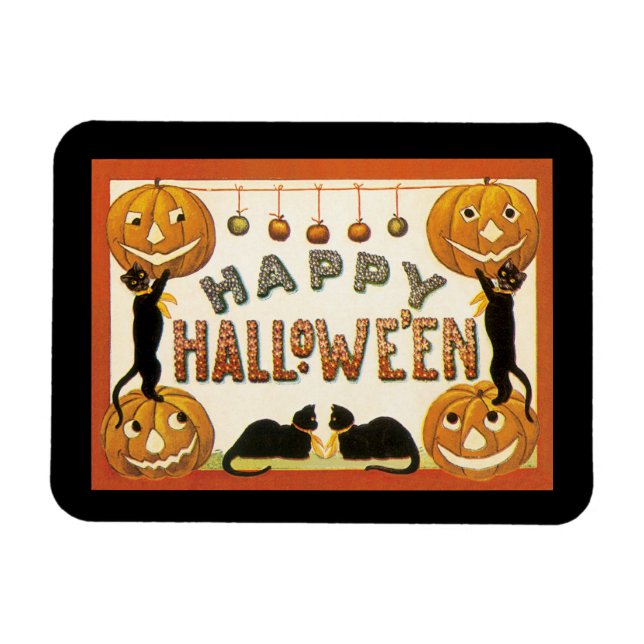Vintage Halloween, Black Cats with Jackolanterns Magnet (Horizontal)