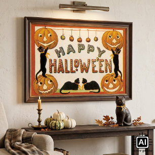 Vintage Halloween, Black Cats with Jackolanterns Poster