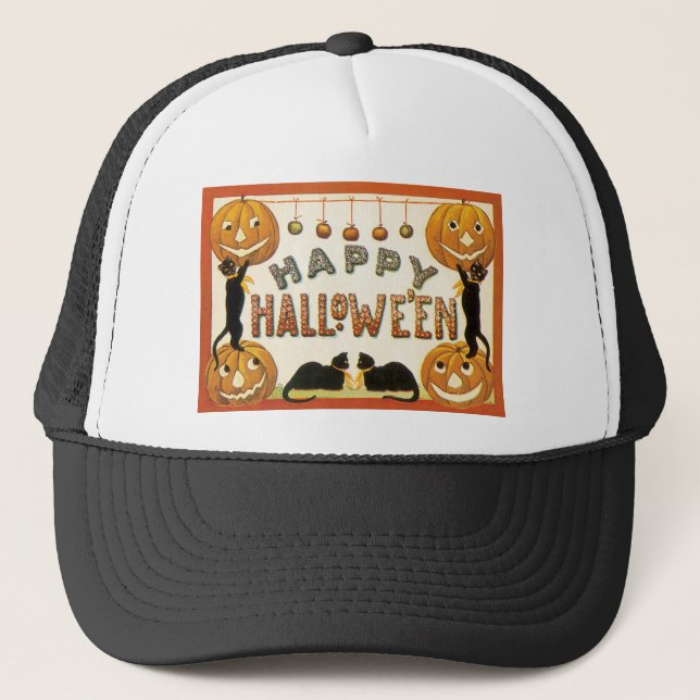 Vintage Halloween, Black Cats with Jackolanterns Trucker Hat (Front)