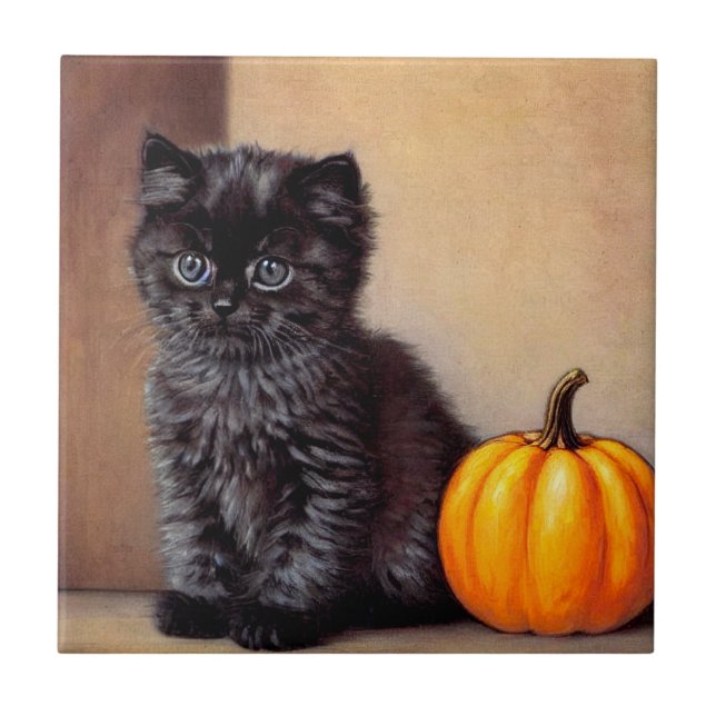 Vintage Halloween Black Kitten Illustration Ceramic Tile (Front)