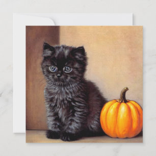 Vintage Halloween Black Kitten Illustration Invitation