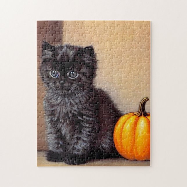Vintage Halloween Black Kitten Illustration Jigsaw Puzzle (Vertical)