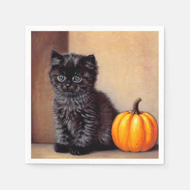 Vintage Halloween Black Kitten Illustration Napkin (Front)