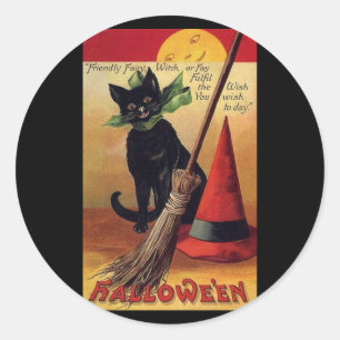 Vintage Halloween by Ellen Clapsaddle, Black Cat Classic Round Sticker