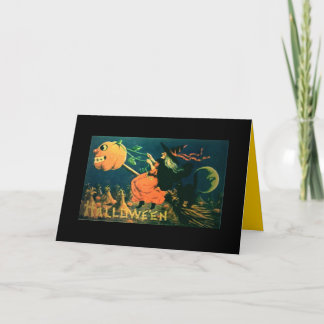 Vintage Halloween card, Witch on broom, pumpkin Card