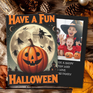 Vintage Halloween Card with Pumpkin & Full Moon
