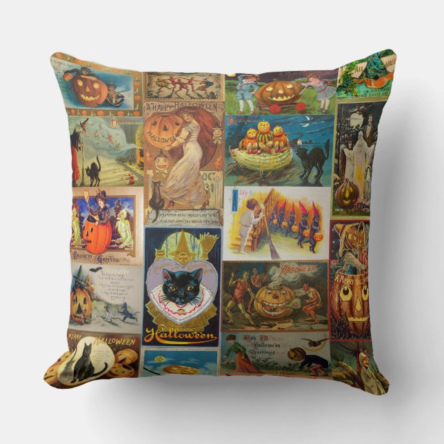 Vintage Halloween Cards Collage Cushion (Front)