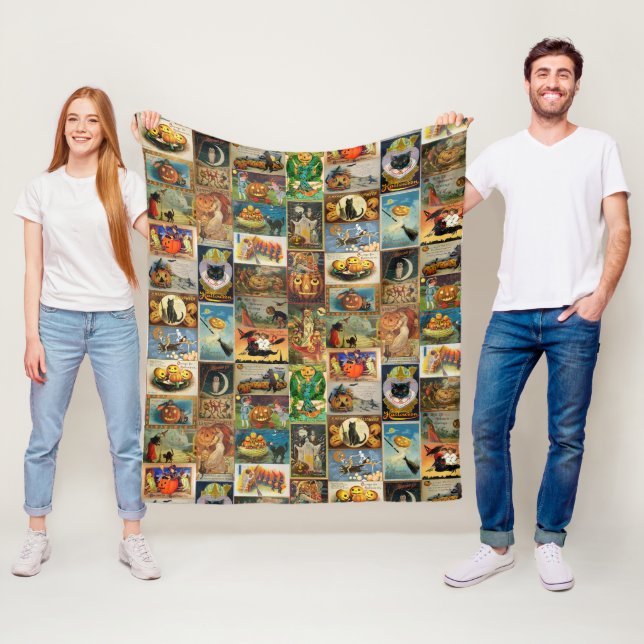 Vintage Halloween Cards Collage Fleece Blanket (In Situ)