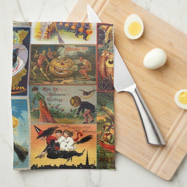 Vintage Halloween Cards Collage Tea Towel (Quarter Fold)