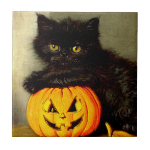 Vintage Halloween Cat and Jack-o’-lantern Ceramic Tile