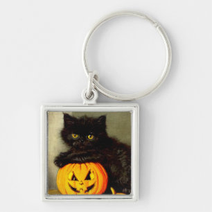 Vintage Halloween Cat and Jack-o’-lantern Key Ring