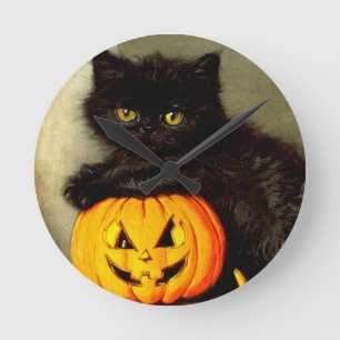 Vintage Halloween Cat and Jack-o’-lantern Round Clock