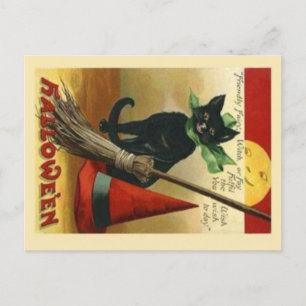 Vintage Halloween Cat & Broom Postcard