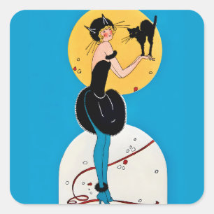 Vintage Halloween Cat Costume Lady & Black Cat Square Sticker