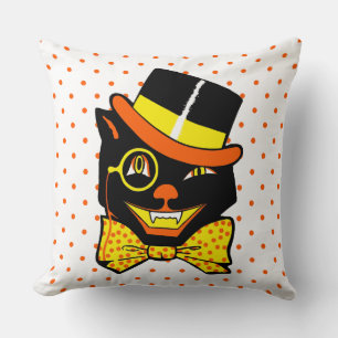 Vintage Halloween Cat in Top Hat  Cushion