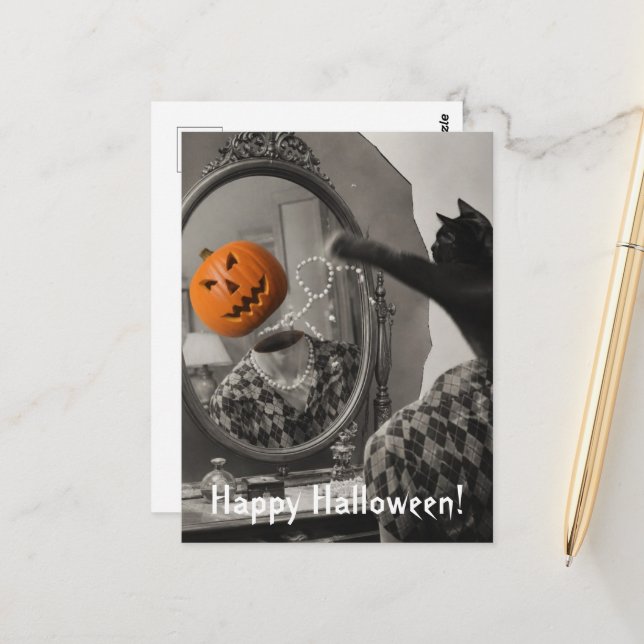 Vintage Halloween Cat Knocks Jackolantern Head off Postcard (Front/Back In Situ)