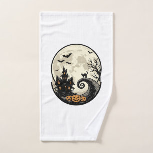 Vintage Halloween Cat Moon Haunted House Vector De Hand Towel