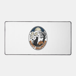 Vintage Halloween Cat Moonlit Ghost Badge_1 Desk Mat