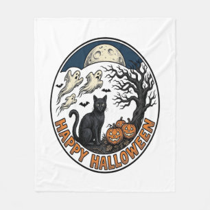 Vintage Halloween Cat Moonlit Ghost Badge_1 Fleece Blanket