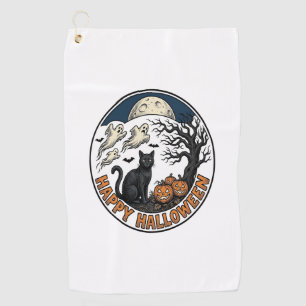 Vintage Halloween Cat Moonlit Ghost Badge_1 Golf Towel