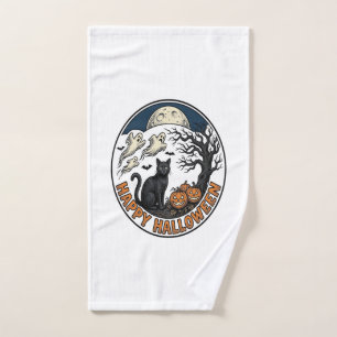 Vintage Halloween Cat Moonlit Ghost Badge_1 Hand Towel