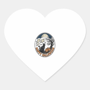 Vintage Halloween Cat Moonlit Ghost Badge_1 Heart Sticker