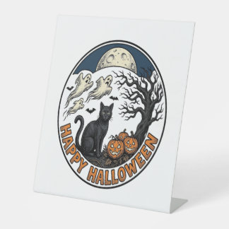 Vintage Halloween Cat Moonlit Ghost Badge_1 Pedestal Sign