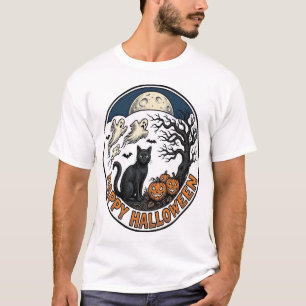Vintage Halloween Cat Moonlit Ghost Badge_1 T-Shirt