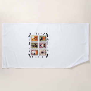 Vintage Halloween Cat Postage Stamp Collection T-s Beach Towel