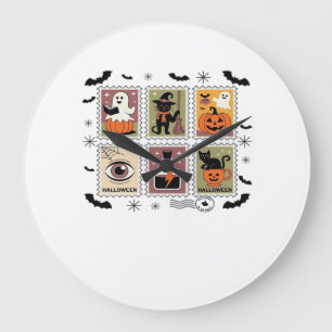 Vintage Halloween Cat Postage Stamp Collection T-s Large Clock