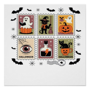 Vintage Halloween Cat Postage Stamp Collection T-s Poster