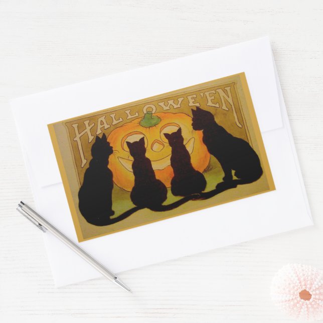 Vintage Halloween Cats and Jack O'Lantern Rectangular Sticker (Envelope)