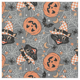 Vintage Halloween Cats and Pumpkins Pattern Fabric