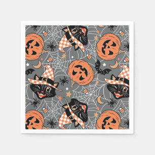 Vintage Halloween Cats and Pumpkins Pattern Napkin