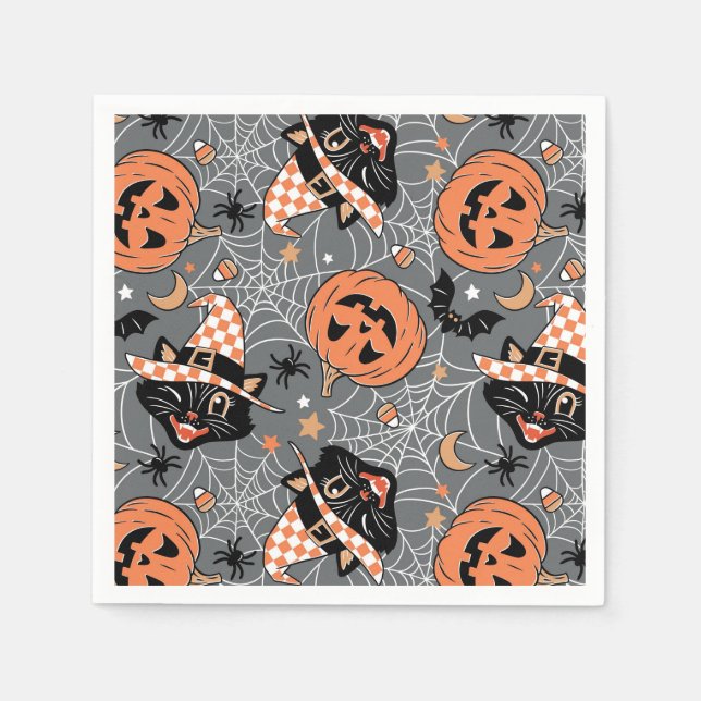 Vintage Halloween Cats and Pumpkins Pattern Napkin (Front)
