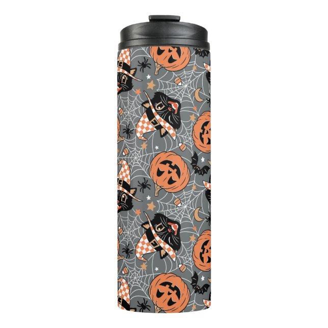 Vintage Halloween Cats and Pumpkins Pattern Thermal Tumbler (Front)