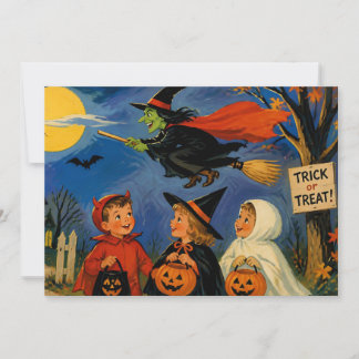 Vintage Halloween Children and Flying Witch  Holiday Card
