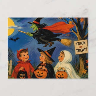 Vintage Halloween Children and Flying Witch  Postcard