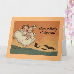 Vintage Halloween Children Flying Bats Chasing Card