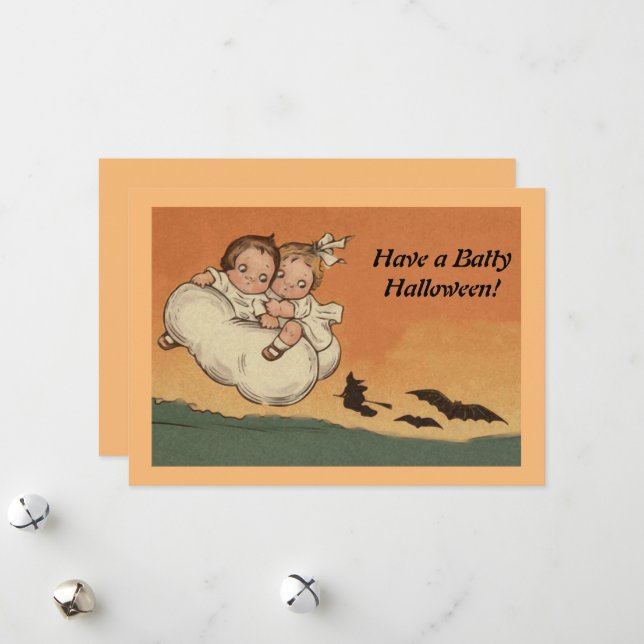 Vintage Halloween Children Flying Bats Chasing Holiday Card (Front/Back In Situ)