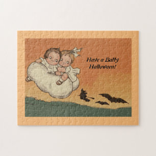 Vintage Halloween Children Flying Bats Chasing Jigsaw Puzzle
