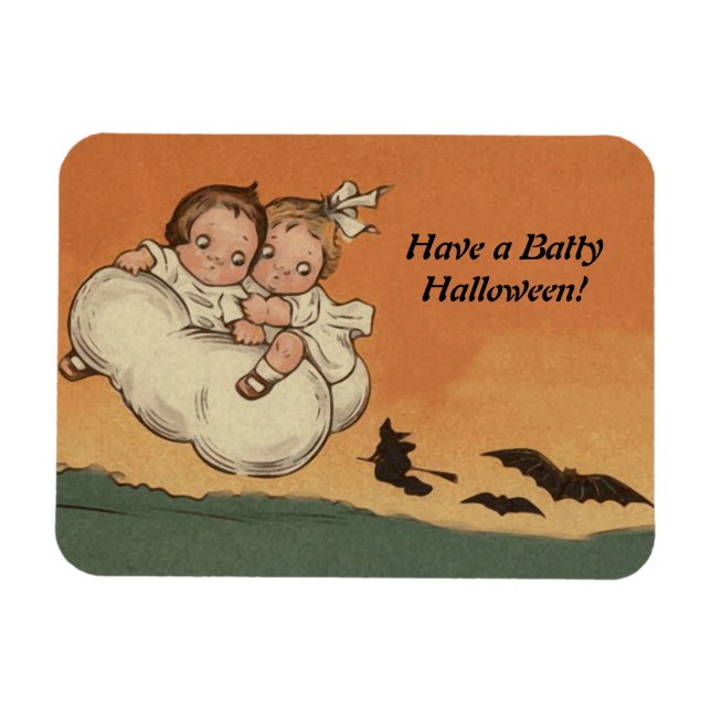 Vintage Halloween Children Flying Bats Chasing Magnet (Horizontal)