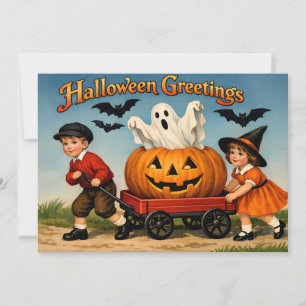 Vintage Halloween Children, Ghost, Pumpkin Card